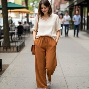 Women’s Wide Leg Summer Pants – Rust/Brown Drawstring Waist Culottes